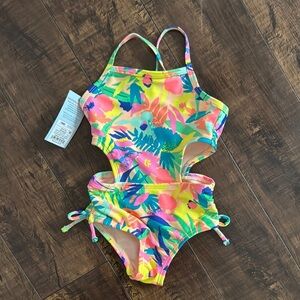 Cat & Jack Yellow and Pink One Piece Swimsuit with Tropical Print